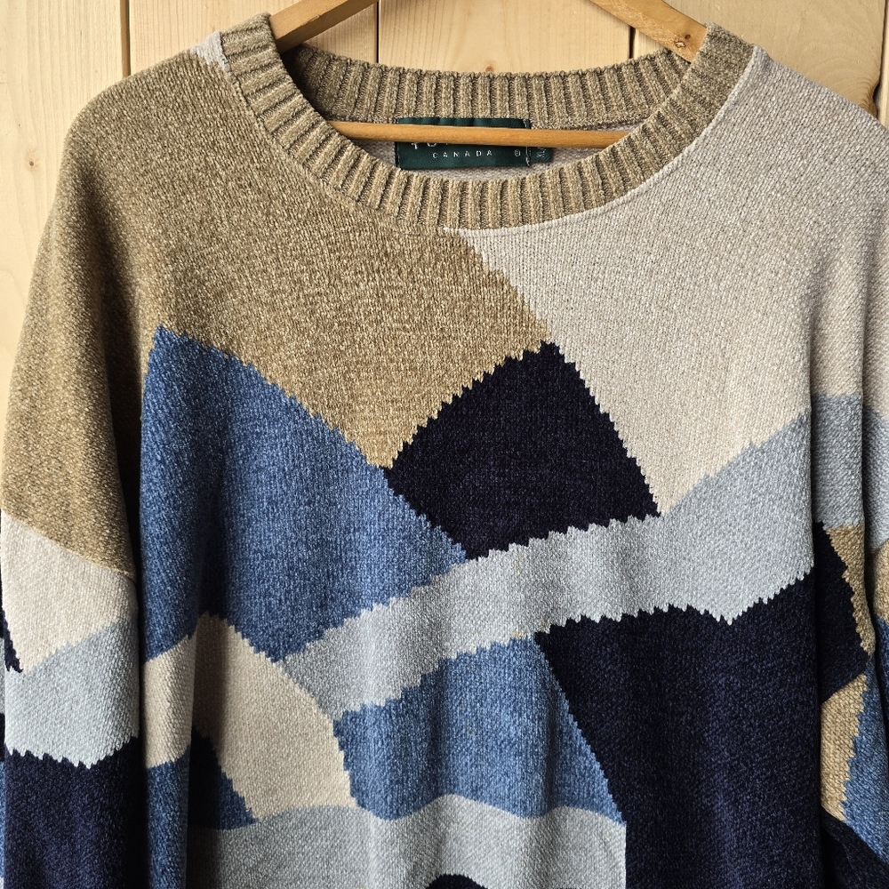 Vintage Tundra Canada Soft Knit Crewneck Sweater Colorblock Tan Blue Womens XL - Picture 4 of 11